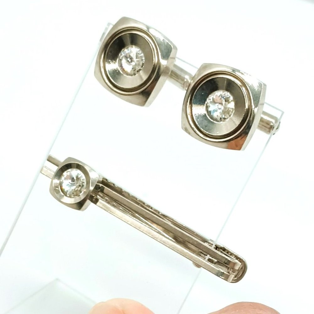 Men's Cufflinks & Tie Bar Set Silver Tone with Rhinestone Center